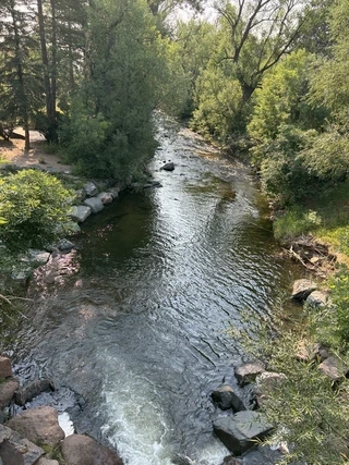 Boulder Creek flowing between rocky, tree-lined banks