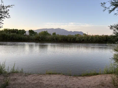 The Rio Grande in early-morning light, with the Sandia Mountains beyond the trees on the far bank