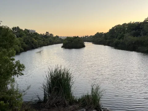 The San Diego River at sunset, with a small tree-covered island between leafy banks under an orange sky
